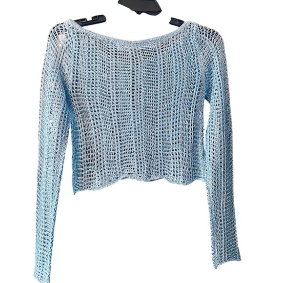Silence and Noise Blue Crochet Knit Crop Top Long Sleeve‎ Beach Cover Up S Xs - Picture 3 of 4